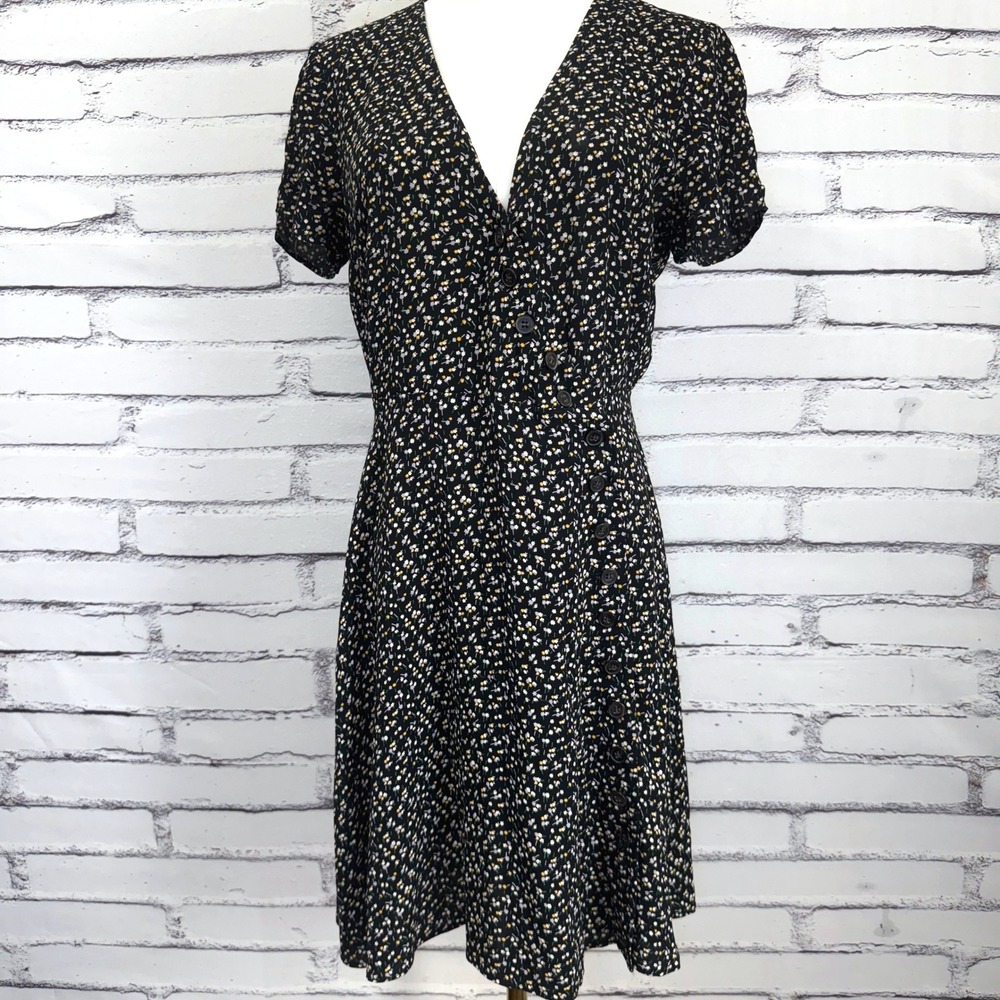 Madewell Women Black Ditsy Floral Button Front Mini Dress V-Neck‎ Size 2